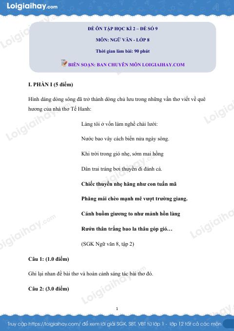 Đề ôn tập học kì 2 Văn 8 - Đề số 9